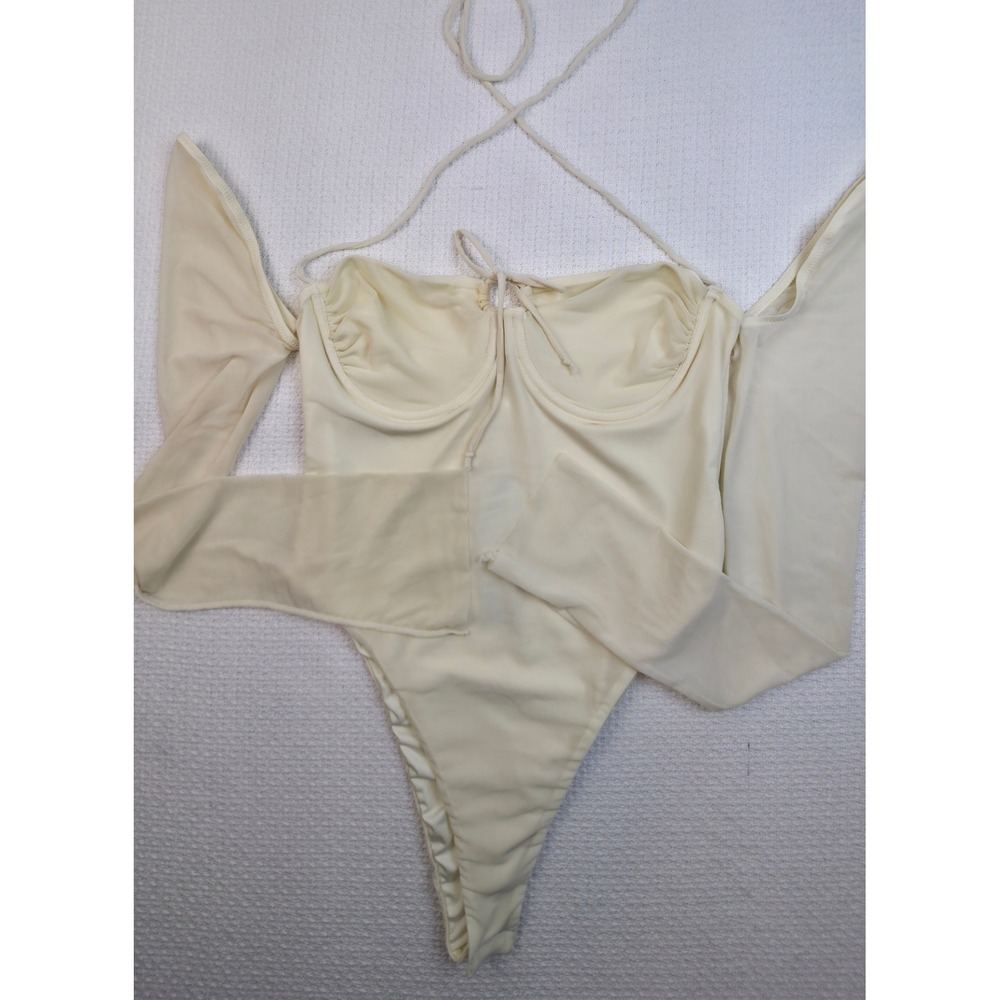 Fashion Nova Rosalia Mesh Bodysuit Womens Large Cream Underwire NWT